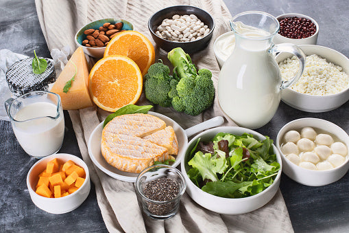 A variety of food high in calcium