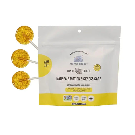 MommaBear Organics red and yellow natural lollipops for kids, individually wrapped and organic.