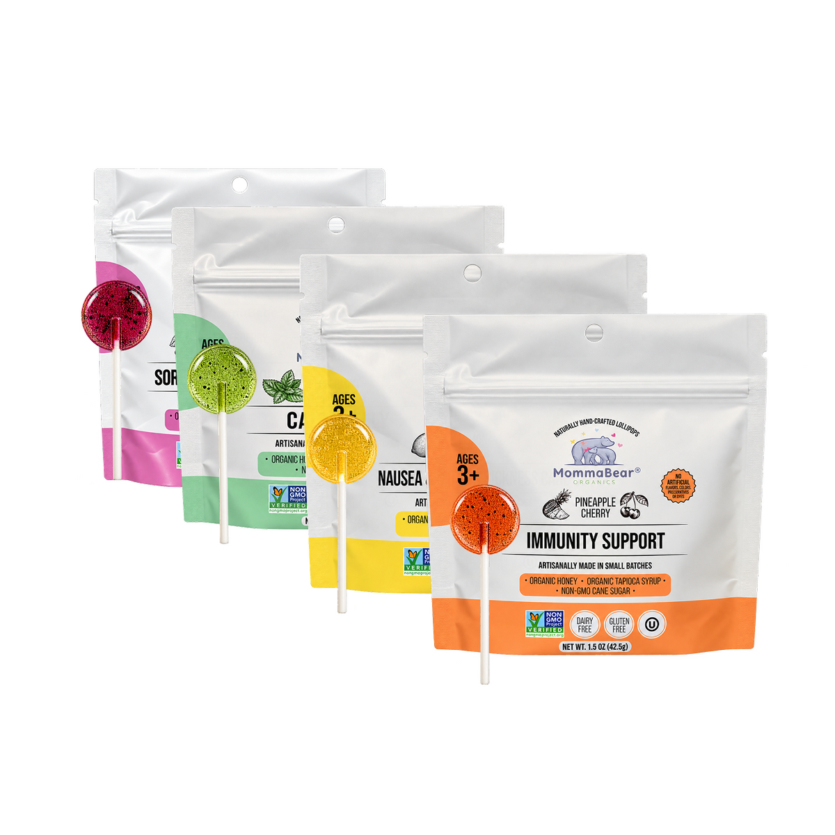 Bear Essentials Wellness Bundle: Sore Throat & Cough, Calm Belly, Nausea & Motion Sickness and Immunity Support honey lollipop pouches