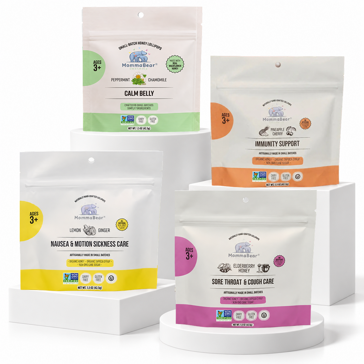 The four MommaBear honey lollipop pouches in the Bear Essentials Wellness Bundle