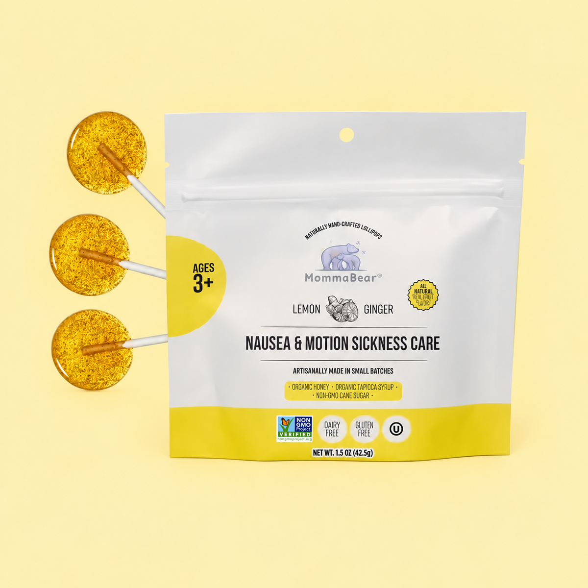 Nausea & Motion Sickness lemon and ginger honey lollipops, 5ct pouch
